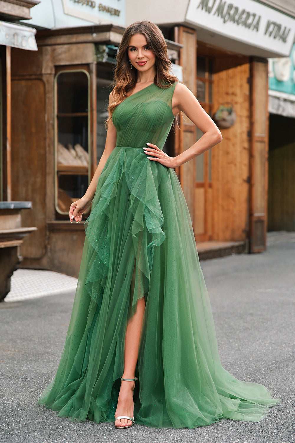 A-Linie Eine Schulter Tüll Ballkleid mit Schlitz Dunkelgrünes