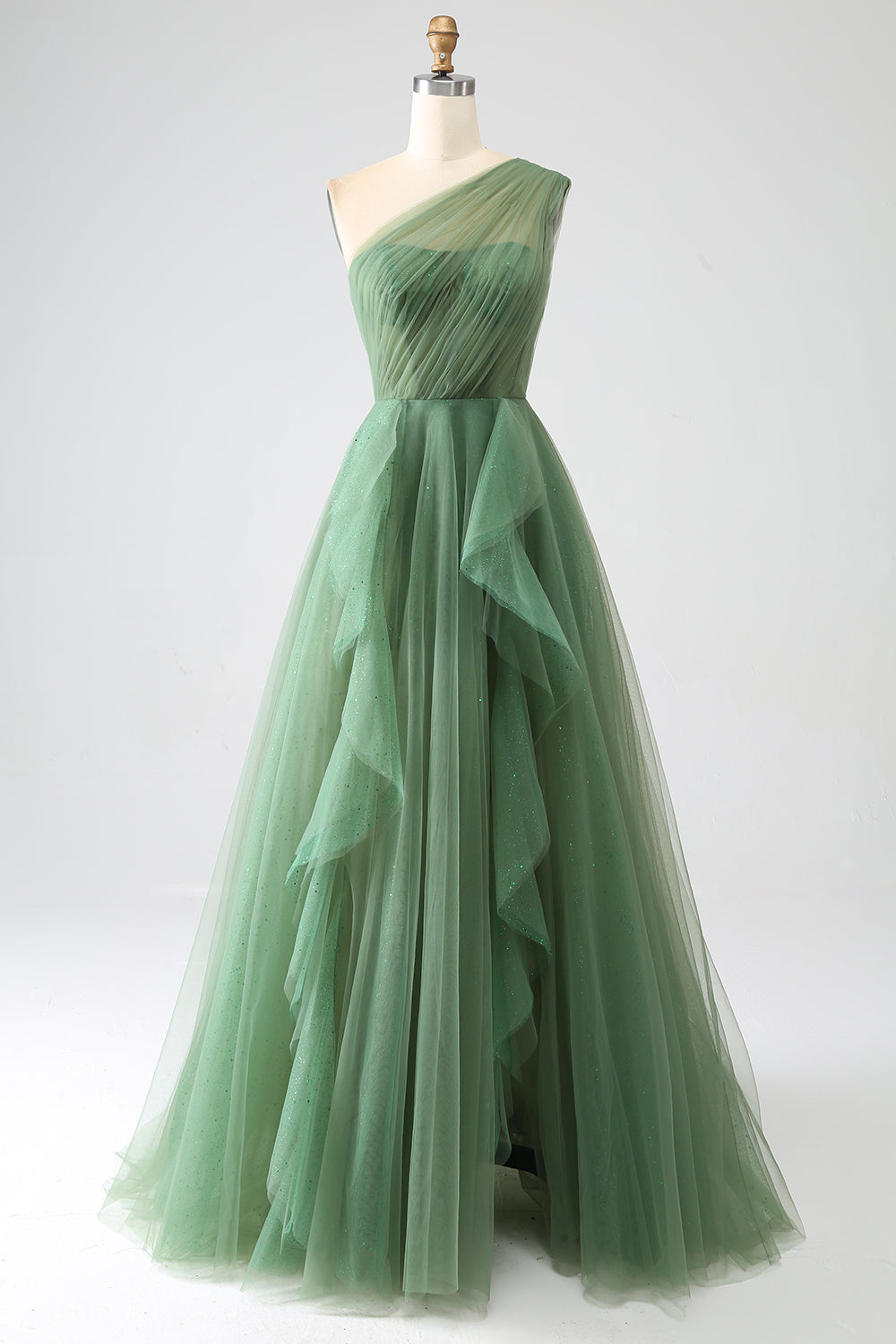 A-Linie Eine Schulter Tüll Ballkleid mit Schlitz Dunkelgrünes