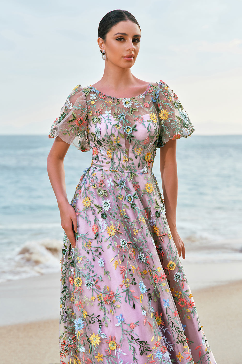 Mauve Prinzessin Langes besticktes Ballkleid mit kurzen Ärmeln