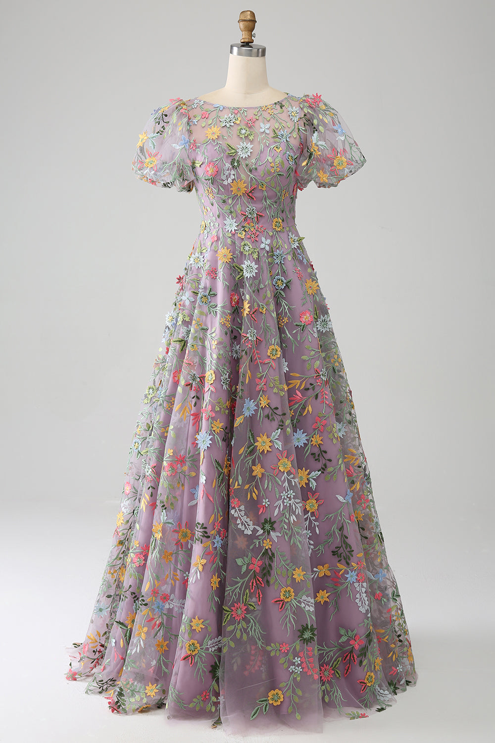 Mauve Prinzessin Langes besticktes Ballkleid mit kurzen Ärmeln