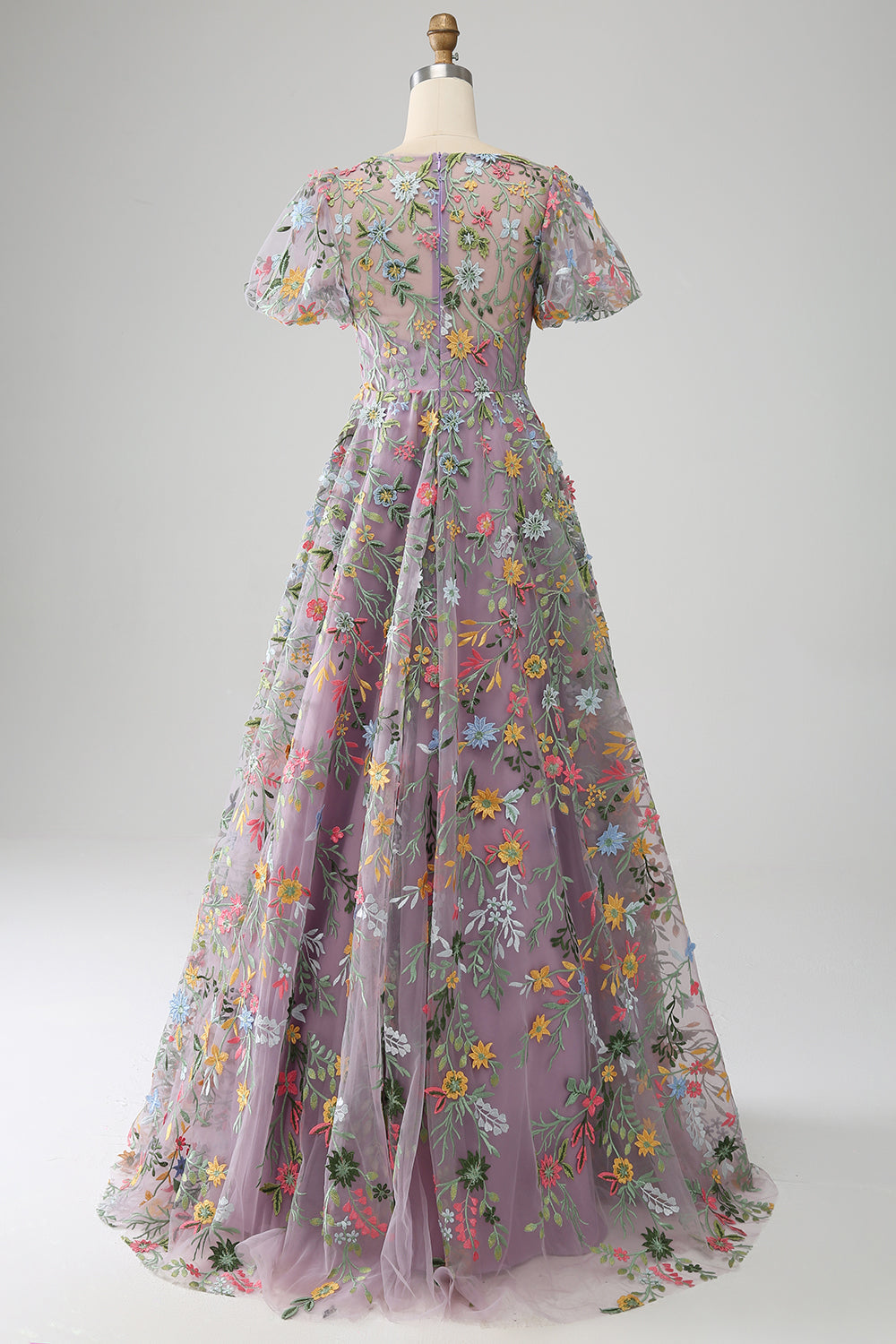 Mauve Prinzessin Langes besticktes Ballkleid mit kurzen Ärmeln
