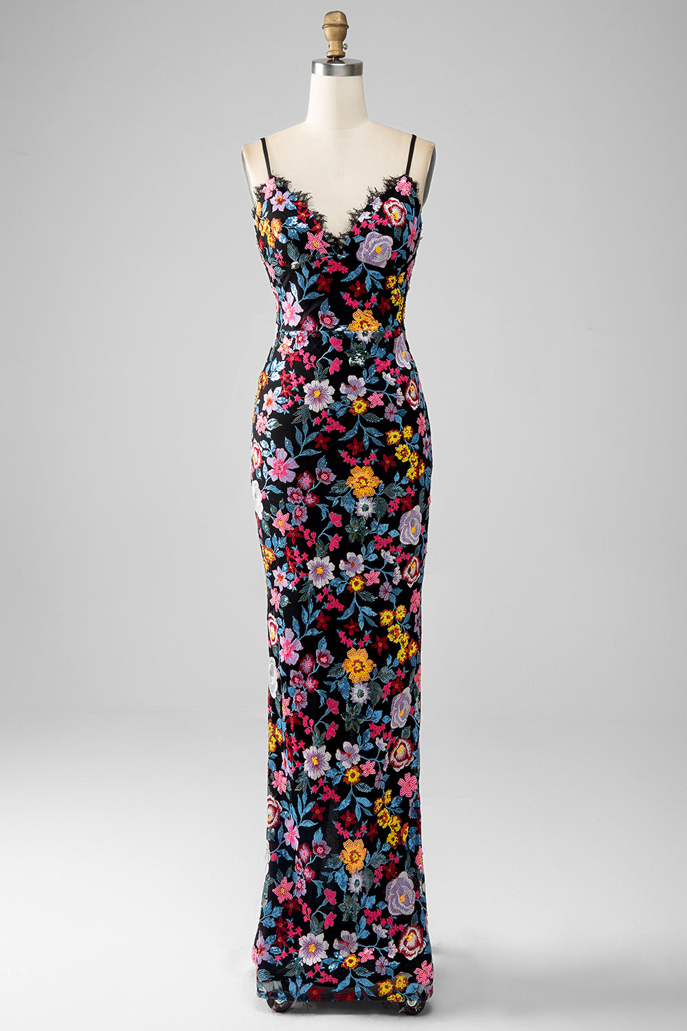 Schwarzes Blumen Meerjungfrauen Spaghettiträger langes Ballkleid mit Stickerei