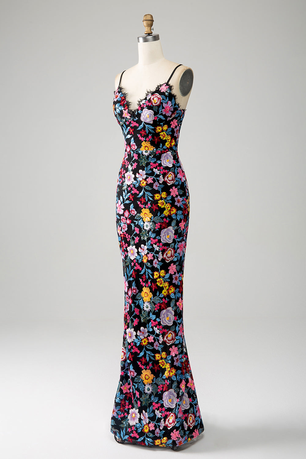 Schwarzes Blumen Meerjungfrauen Spaghettiträger langes Ballkleid mit Stickerei