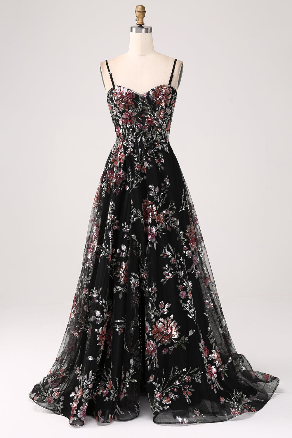 Schwarzes A-Linie Blumen Pailletten langes Korsett Ballkleid