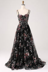 Schwarzes A-Linie Blumen Pailletten langes Korsett Ballkleid