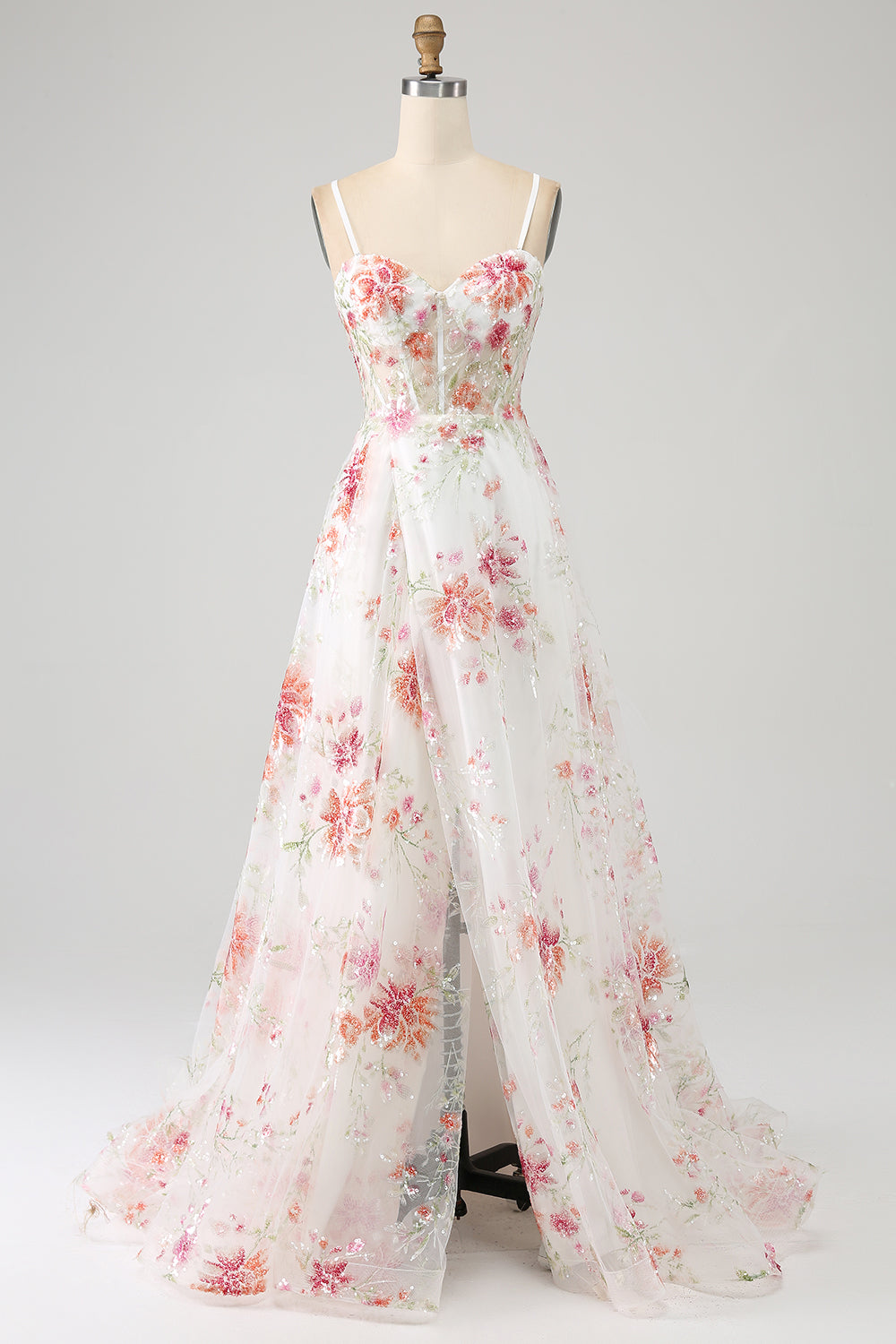 Schwarzes A-Linie Blumen Pailletten langes Korsett Ballkleid