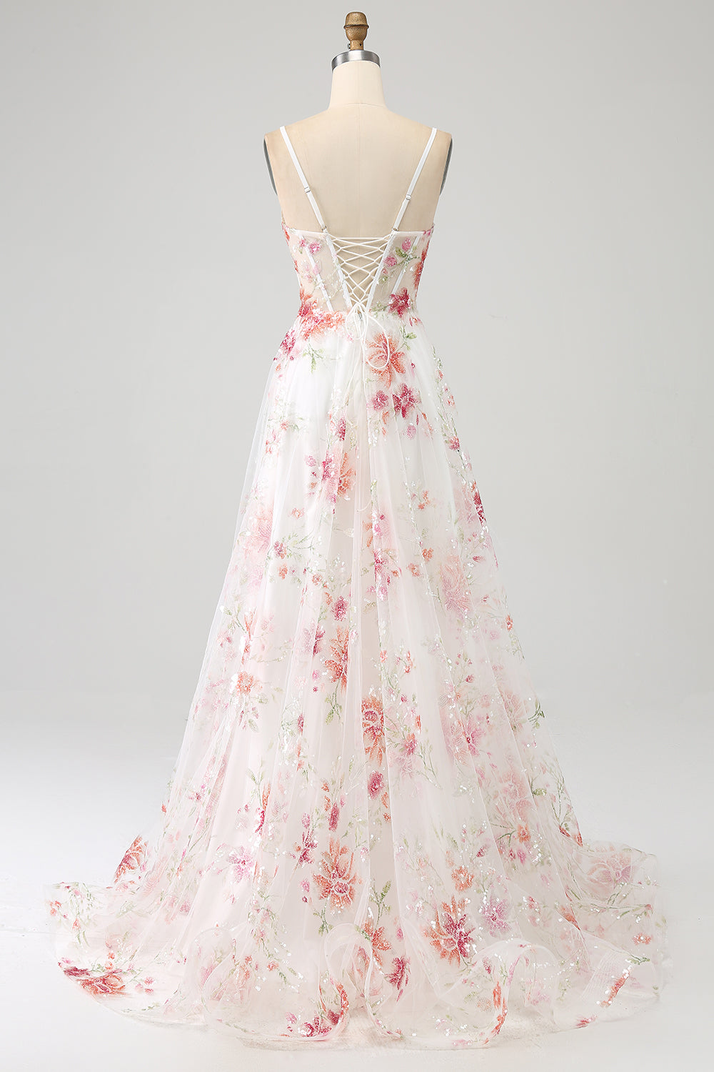Schwarzes A-Linie Blumen Pailletten langes Korsett Ballkleid