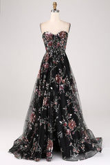 Schwarzes A-Linie Blumen Pailletten langes Korsett Ballkleid