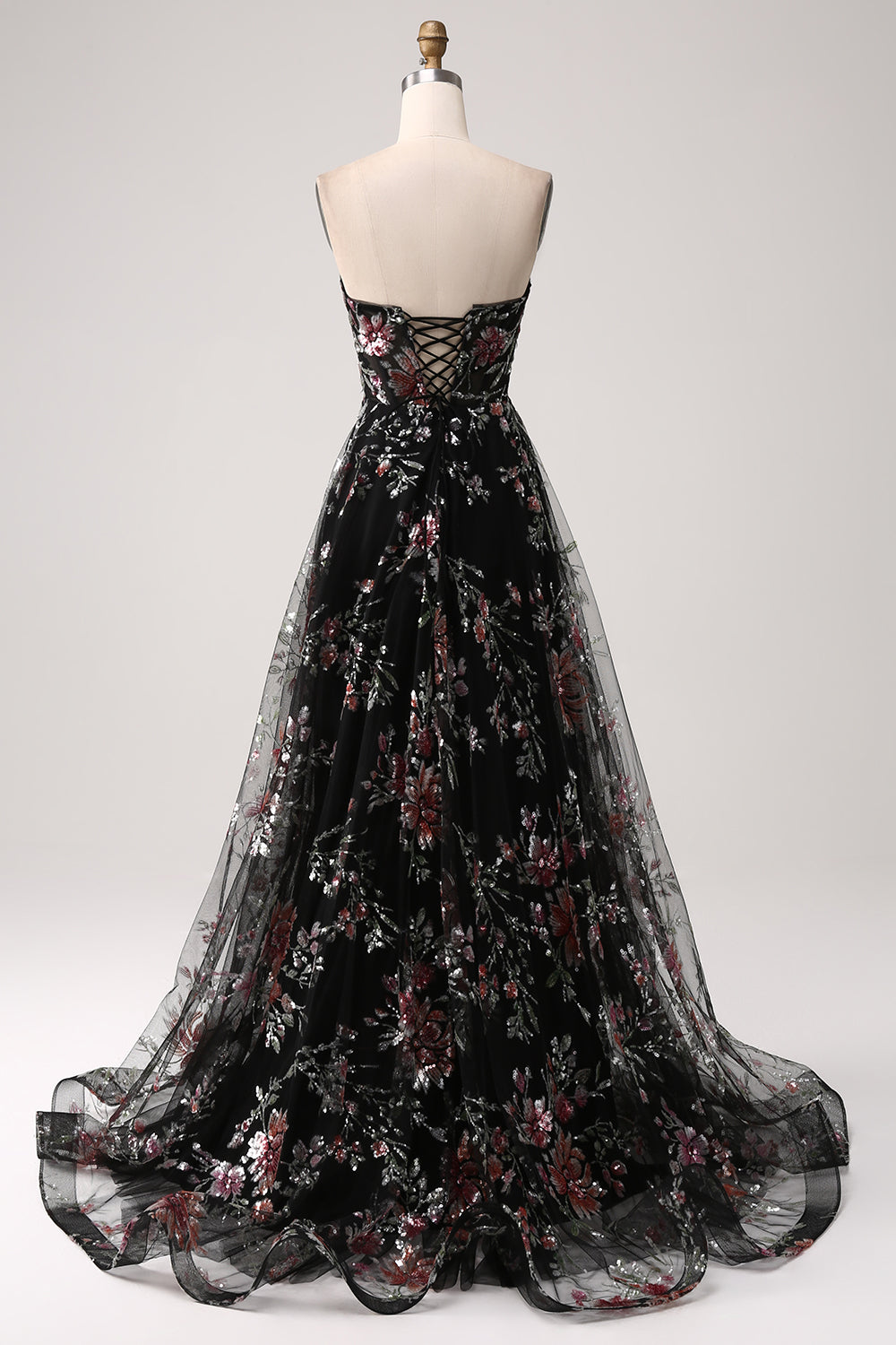 Schwarzes A-Linie Blumen Pailletten langes Korsett Ballkleid