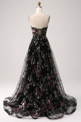 Schwarzes A-Linie Blumen Pailletten langes Korsett Ballkleid