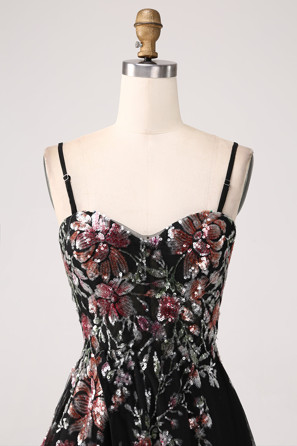 Schwarzes A-Linie Blumen Pailletten langes Korsett Ballkleid