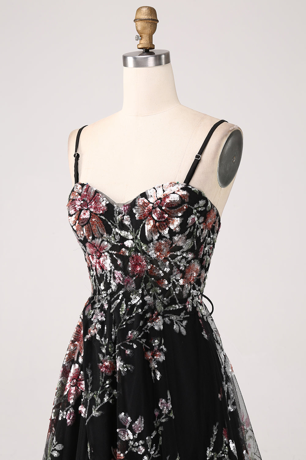 Schwarzes A-Linie Blumen Pailletten langes Korsett Ballkleid