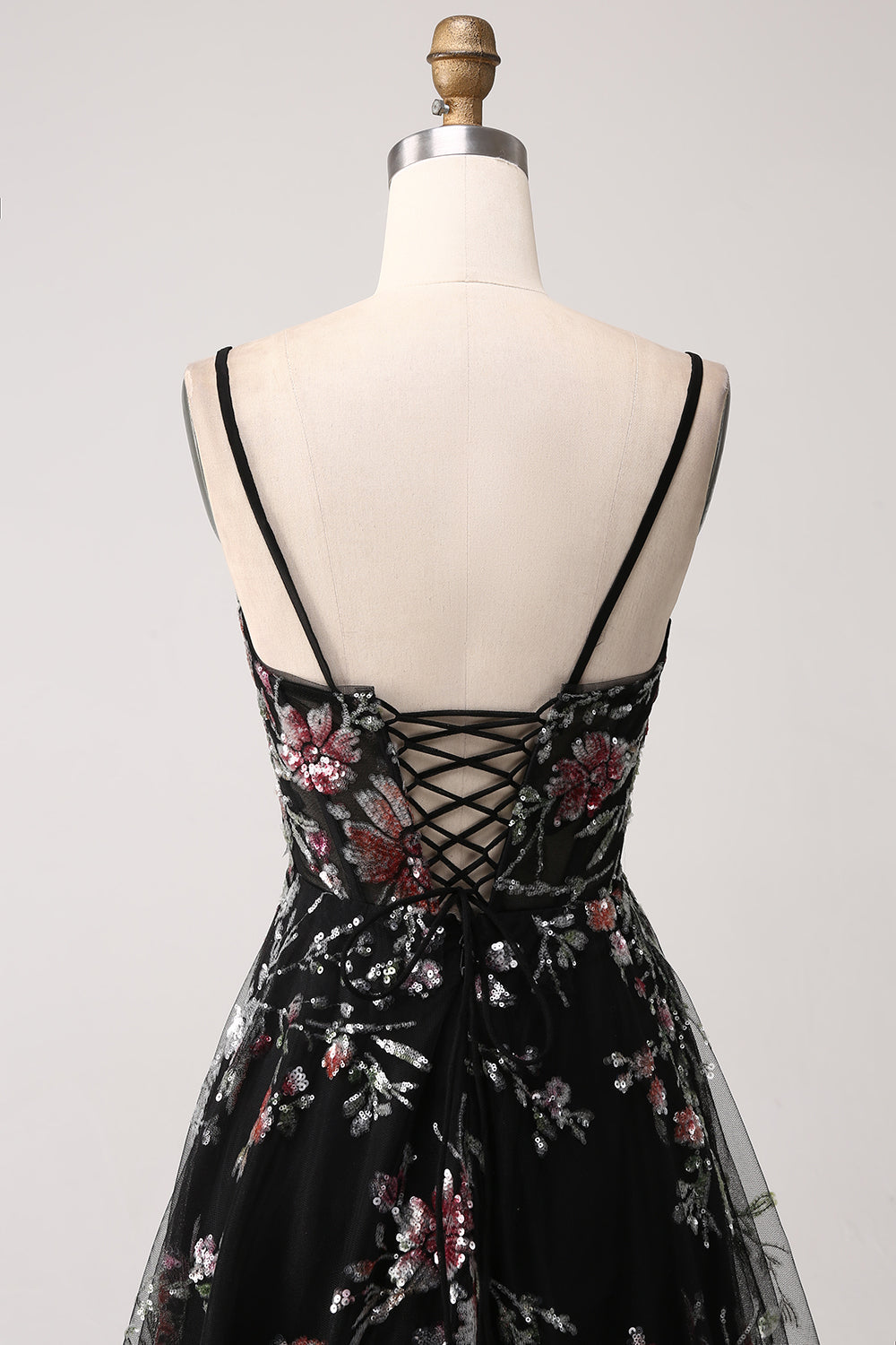 Schwarzes A-Linie Blumen Pailletten langes Korsett Ballkleid