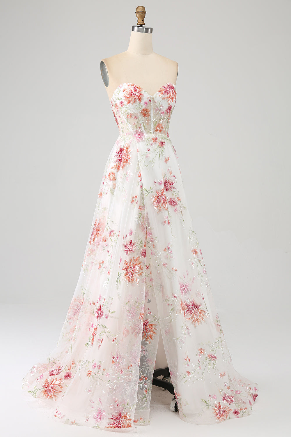 Schwarzes A-Linie Blumen Pailletten langes Korsett Ballkleid