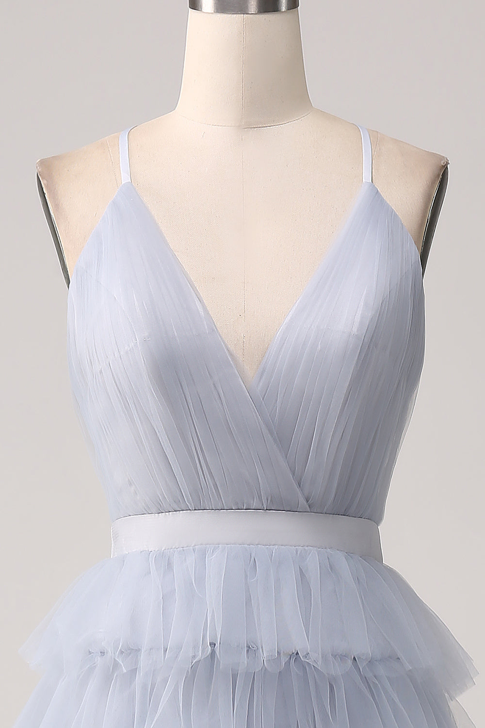 Graues blaues A-Linie Rückenfreies langes Ballkleid aus Tüll