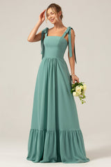 A Linie Eukalyptus Chiffon Langes Brautjungfernkleid mit Plissee