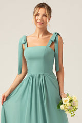 A Linie Eukalyptus Chiffon Langes Brautjungfernkleid mit Plissee