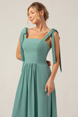 A Linie Eukalyptus Chiffon Langes Brautjungfernkleid mit Plissee