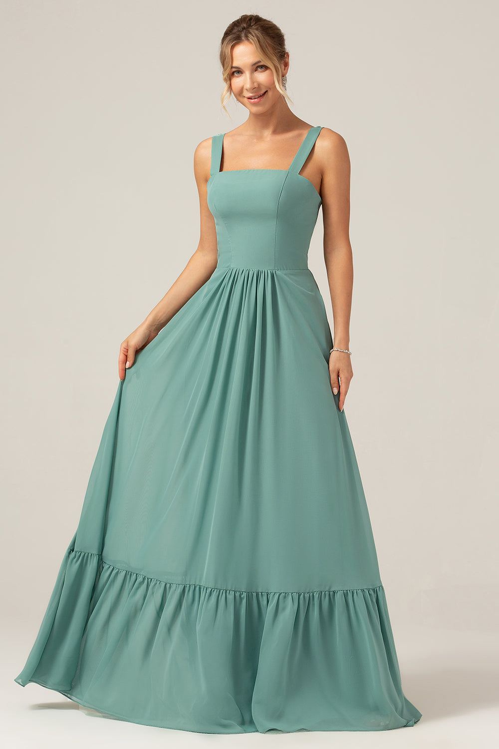 A Linie Eukalyptus Chiffon Langes Brautjungfernkleid mit Plissee