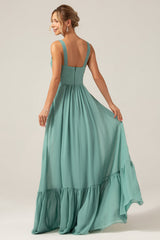 A Linie Eukalyptus Chiffon Langes Brautjungfernkleid mit Plissee