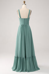 A Linie Chiffon Grünes langes Brautjungfernkleid mit Plissee
