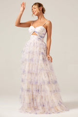 Lavendel blüten prinzessin Spaghettiträger gestuftes Ballkleid mit Plissee