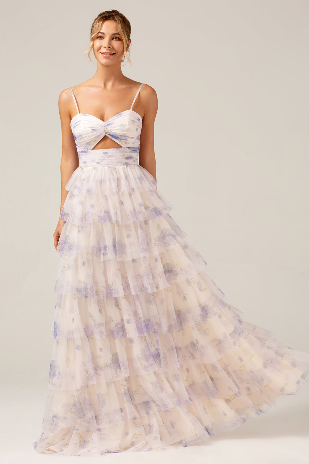 Lavendel blüten prinzessin Spaghettiträger gestuftes Ballkleid mit Plissee