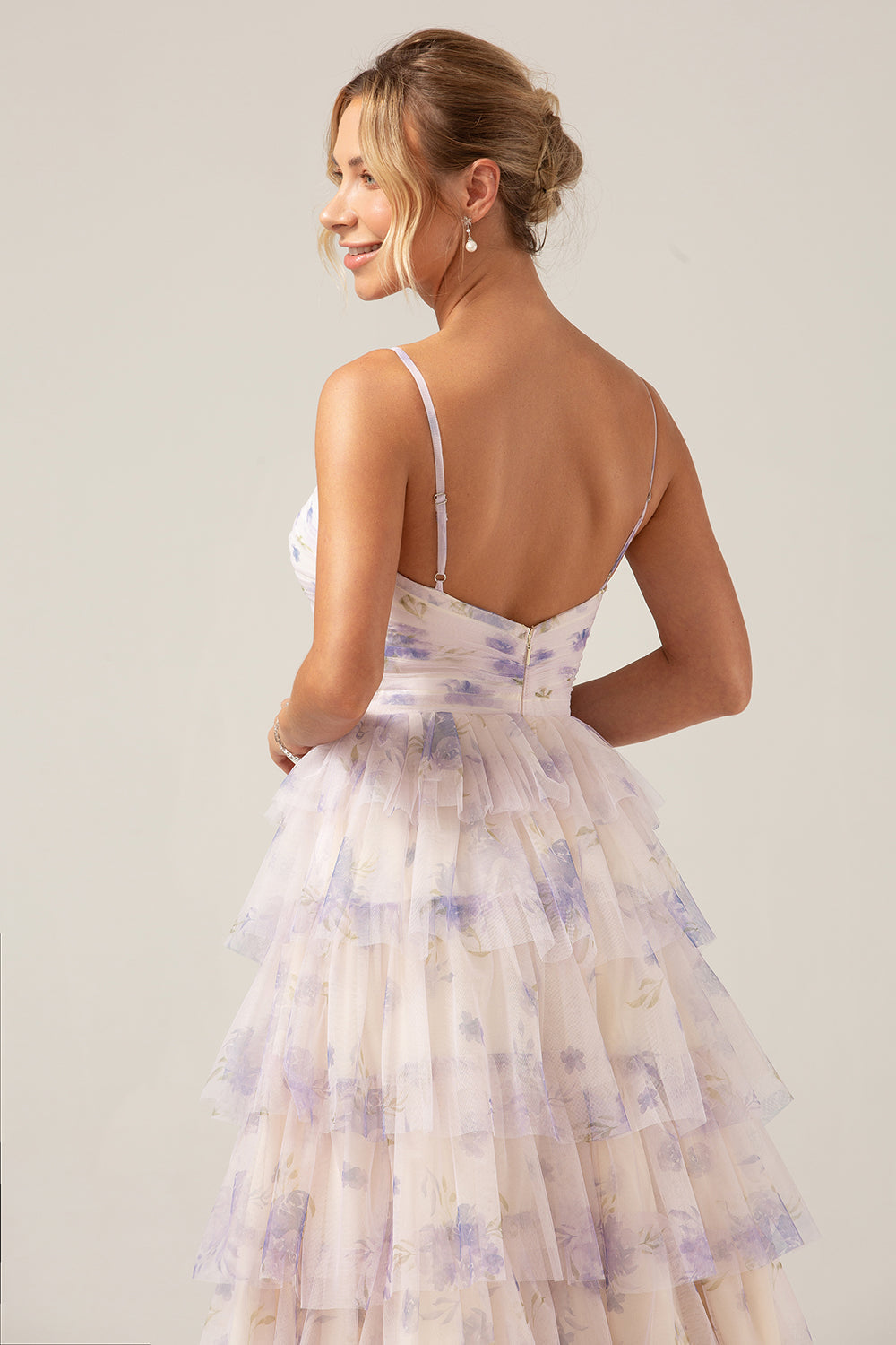 Lavendel blüten prinzessin Spaghettiträger gestuftes Ballkleid mit Plissee