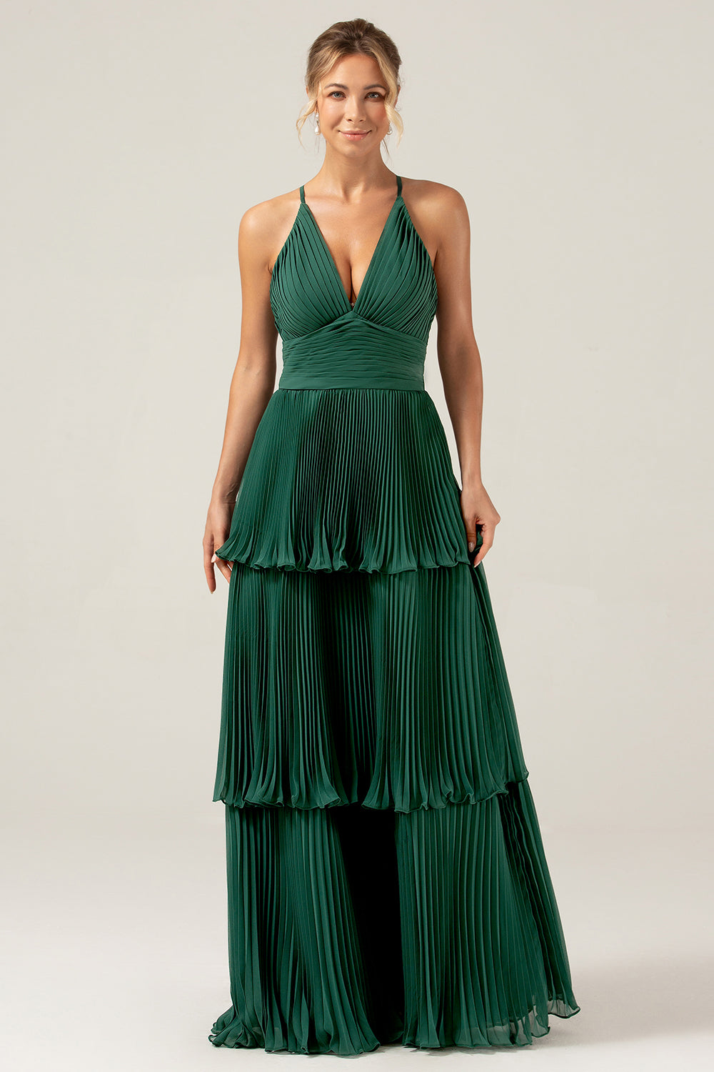 A-Linie gestuftes Chiffon Kleid Dunkelgrün Langes Brautjungfernkleid mit Plissee