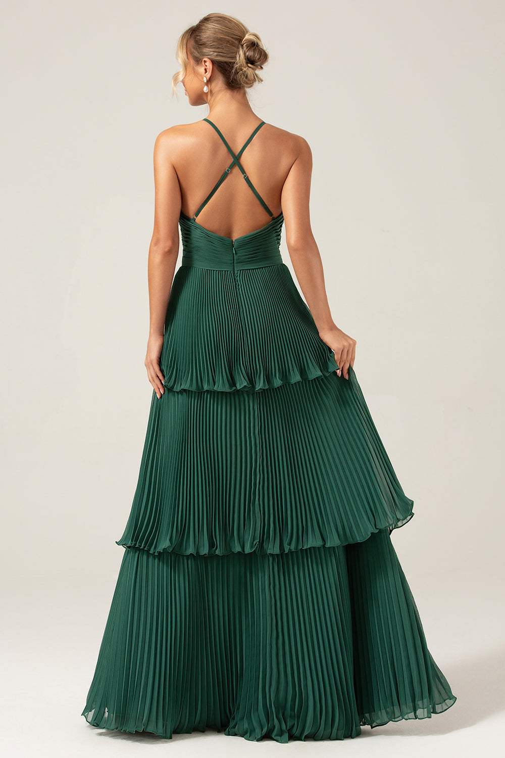 A-Linie gestuftes Chiffon Kleid Dunkelgrün Langes Brautjungfernkleid mit Plissee