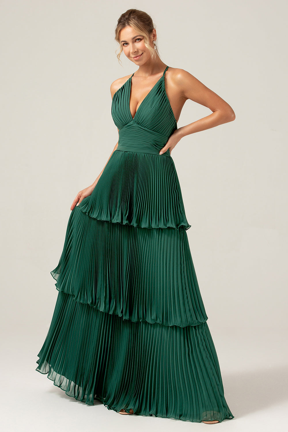 A-Linie gestuftes Chiffon Kleid Dunkelgrün Langes Brautjungfernkleid mit Plissee
