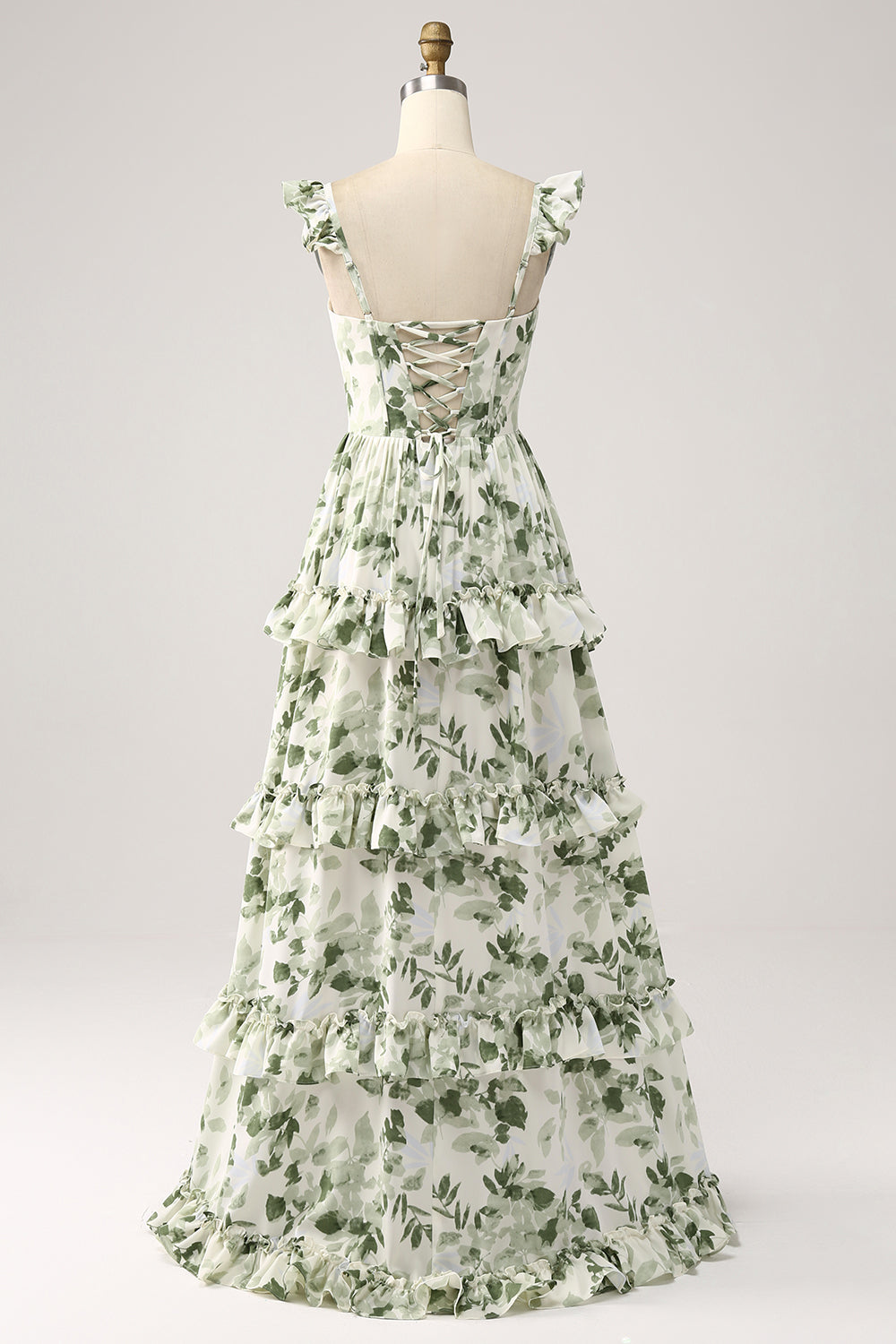 Grünes gestuftes Ballkleid mit Blumenrüschen und Schlitz