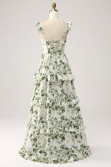 Grünes gestuftes Ballkleid mit Blumenrüschen und Schlitz