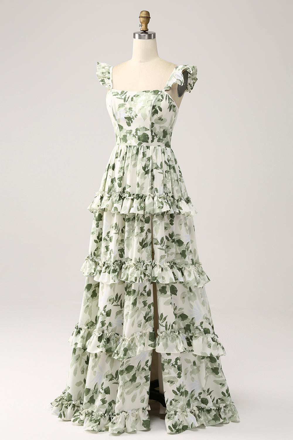 Grünes gestuftes Ballkleid mit Blumenrüschen und Schlitz