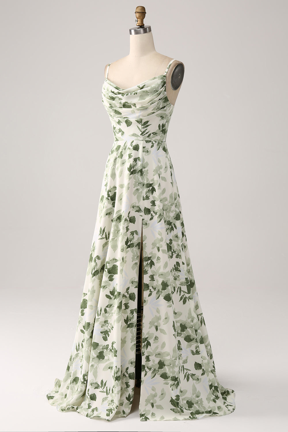 Wasserfallausschnitt Grünes geblümtes A-Linie Ballkleid mit Schlitz