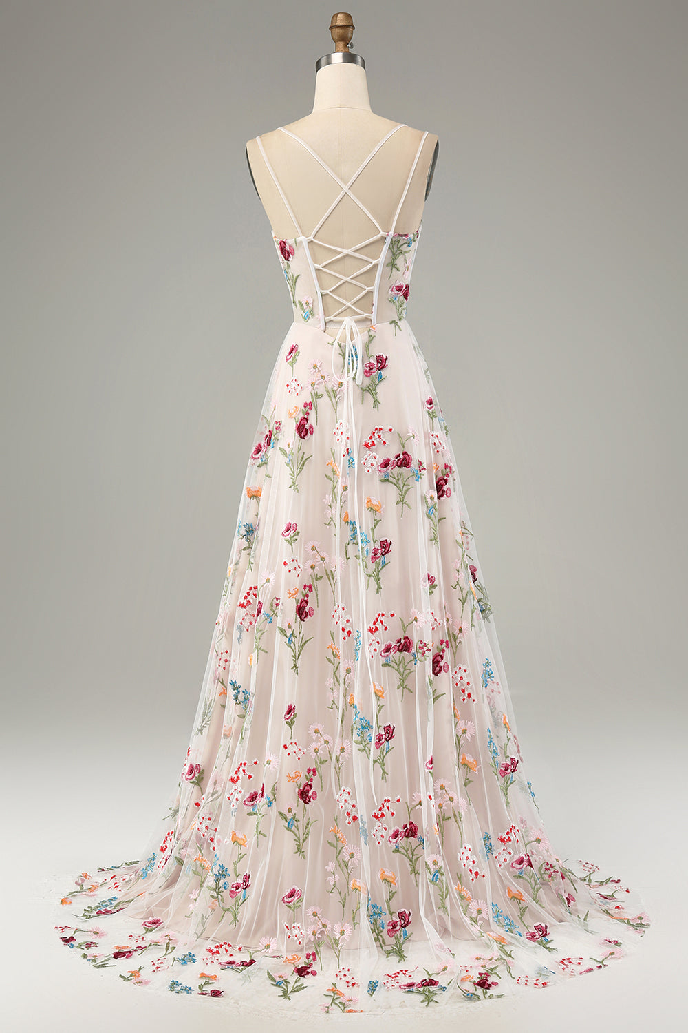 A-Linie Rundhals Spaghettiträger Korsett Langes Ballkleid mit Schlitz Elfenbein Blume