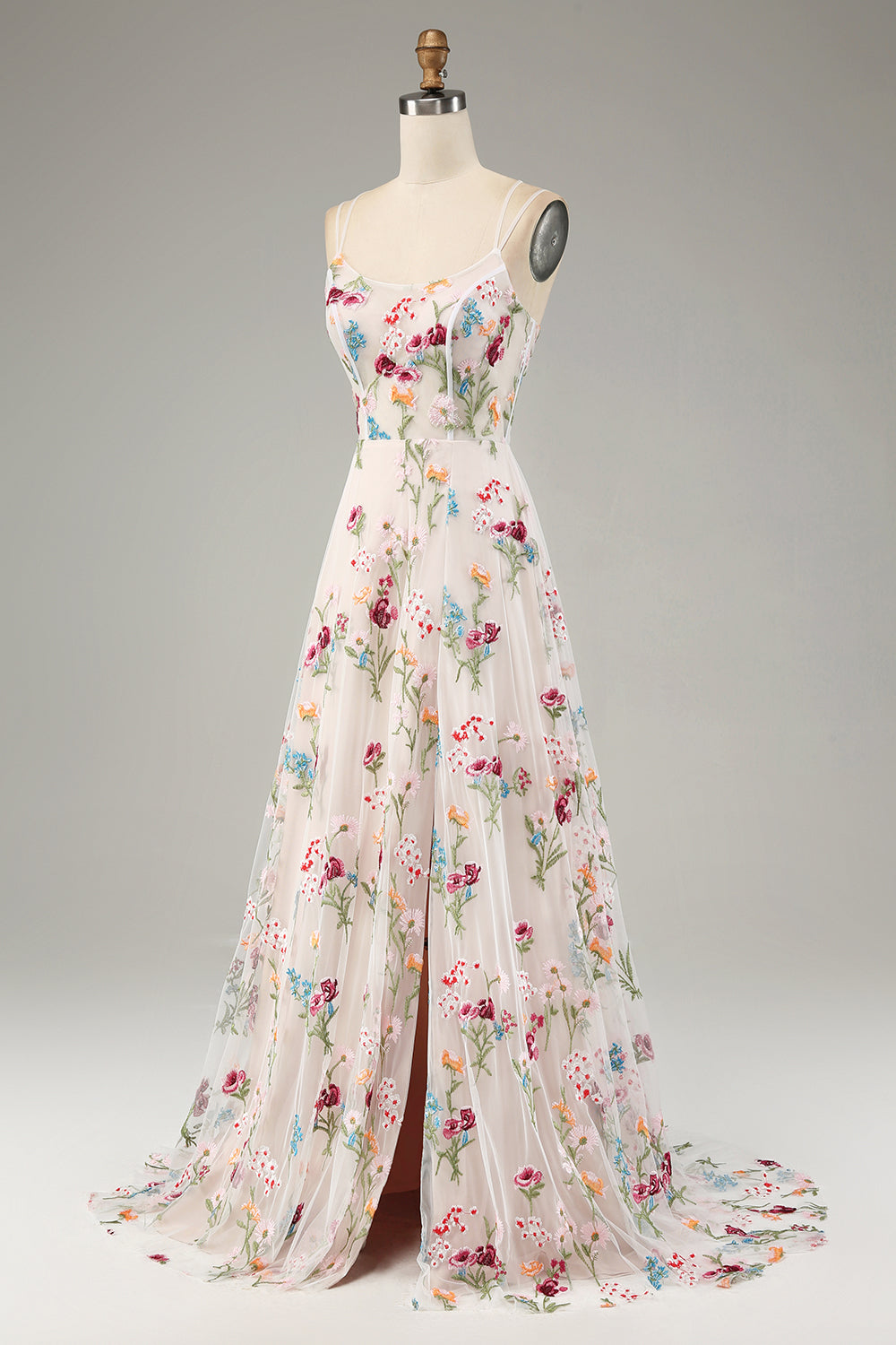 A-Linie Rundhals Spaghettiträger Korsett Langes Ballkleid mit Schlitz Elfenbein Blume
