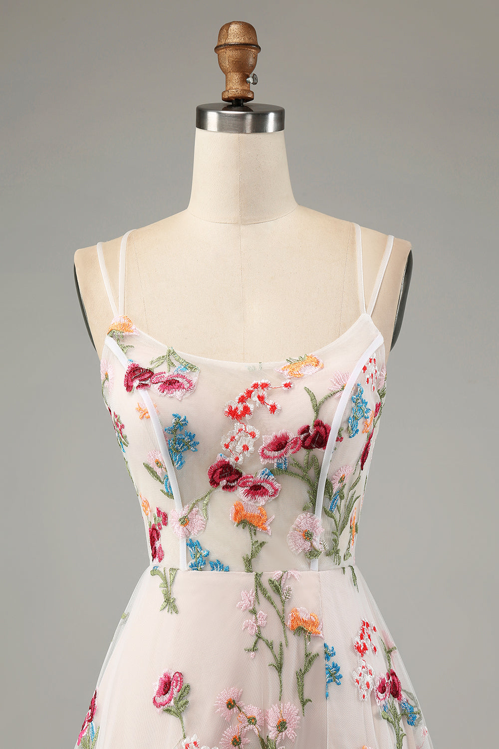 A-Linie Rundhals Spaghettiträger Korsett Langes Ballkleid mit Schlitz Elfenbein Blume