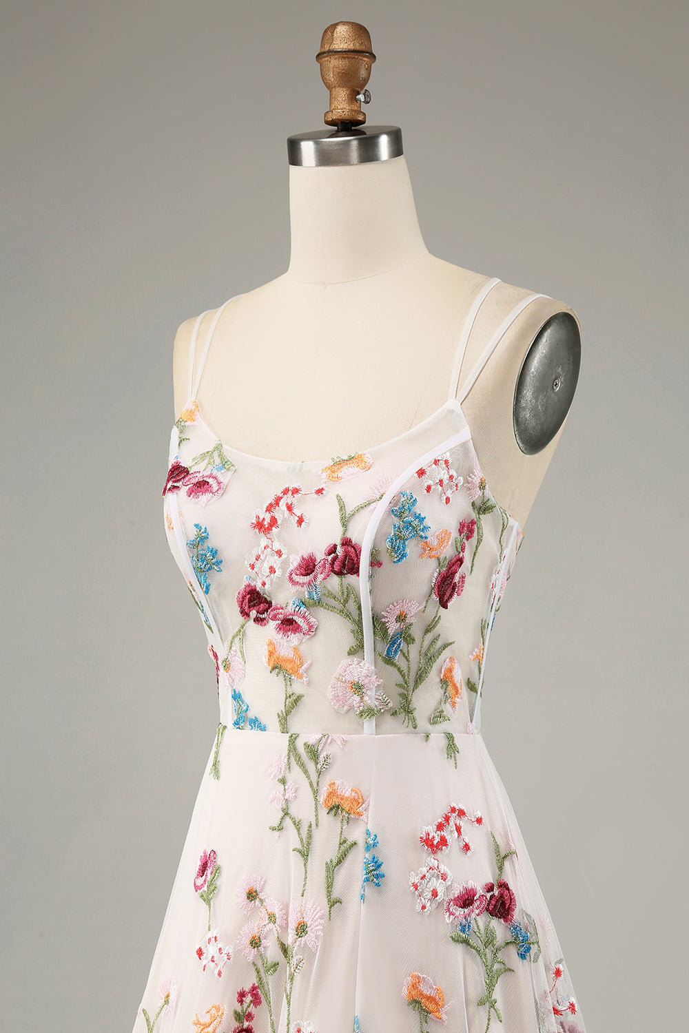 A-Linie Rundhals Spaghettiträger Korsett Langes Ballkleid mit Schlitz Elfenbein Blume