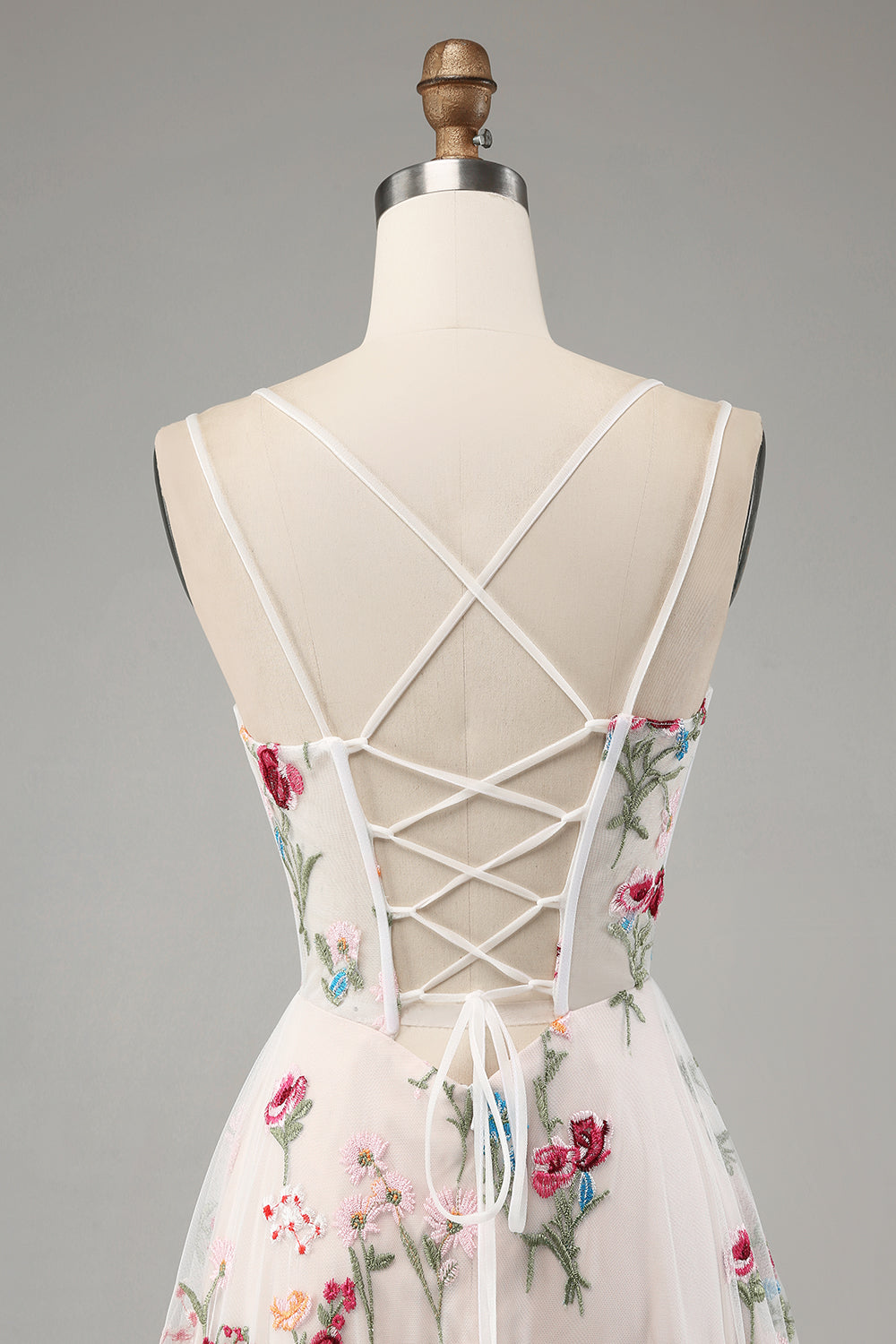 A-Linie Rundhals Spaghettiträger Korsett Langes Ballkleid mit Schlitz Elfenbein Blume