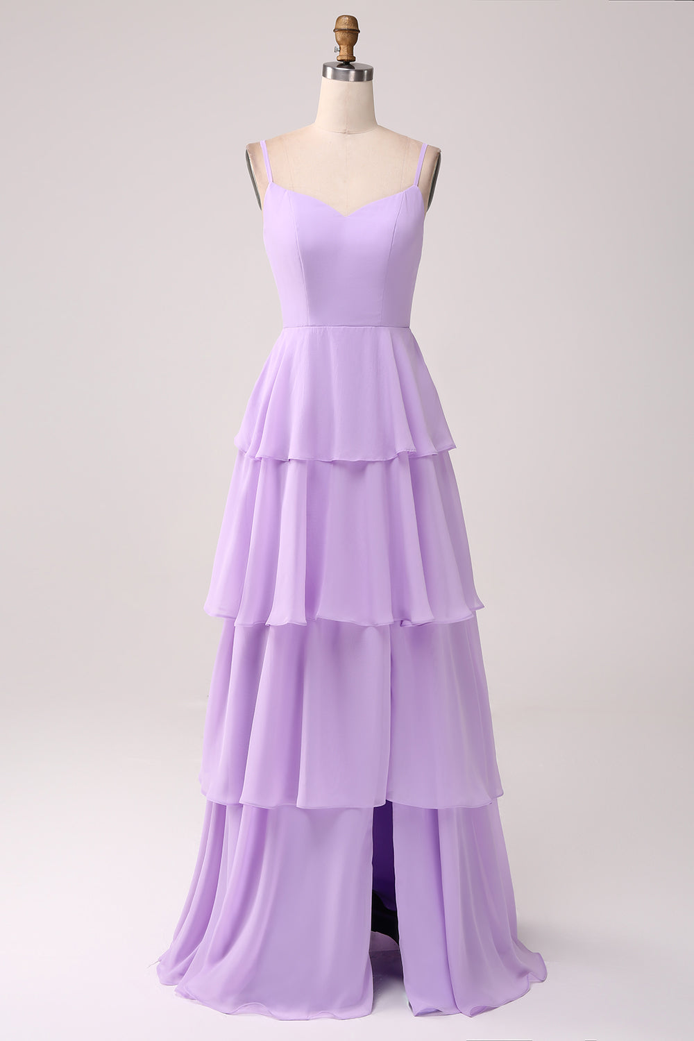 A Linie Spaghettiträger Gestuftes Chiffon Flieder Brautjungfernkleid mit Schlitz