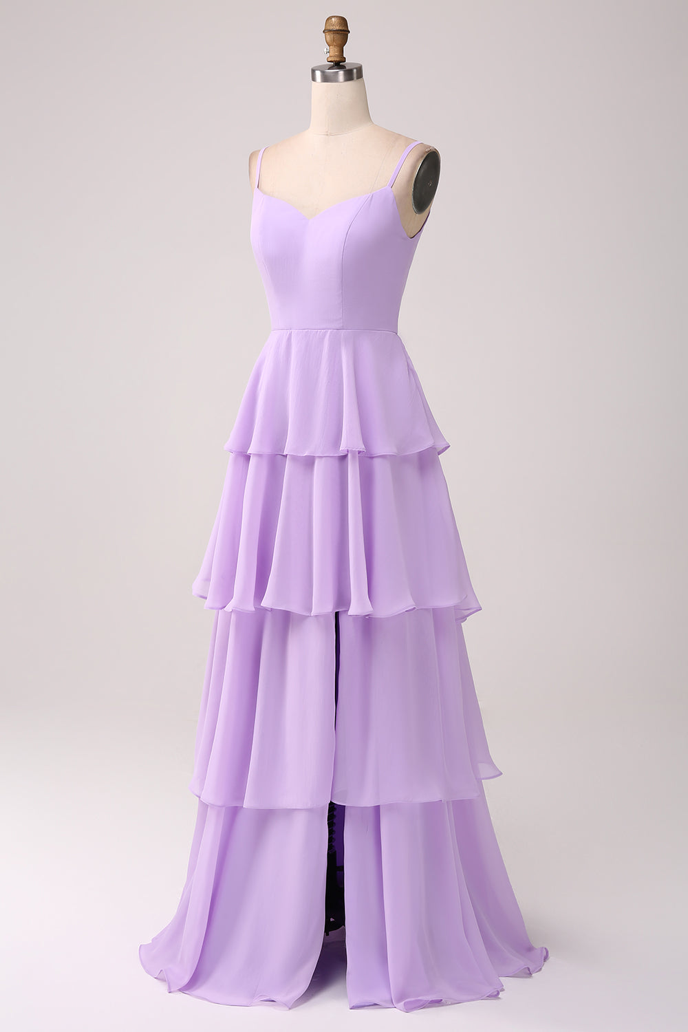 A Linie Spaghettiträger Gestuftes Chiffon Flieder Brautjungfernkleid mit Schlitz