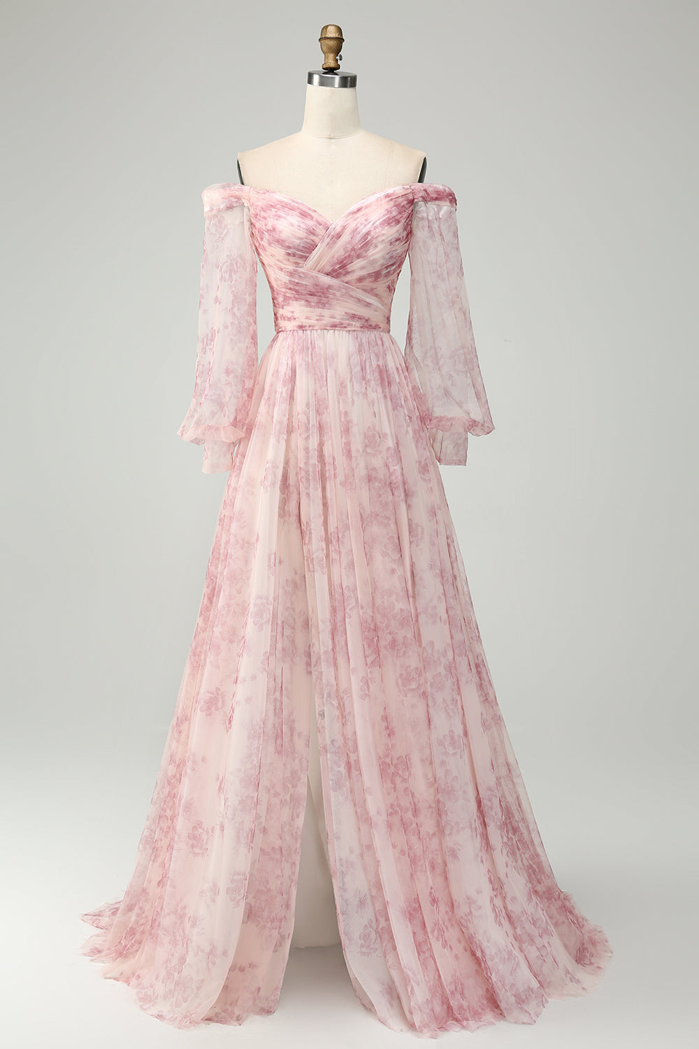 ZAPAKA Frauen Blush Blume Ballkleid mit Schlitz A-Linie Schulterfreies Drucken Hochzeitsgastkleid