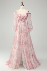ZAPAKA Frauen Blush Blume Ballkleid mit Schlitz A-Linie Schulterfreies Drucken Hochzeitsgastkleid