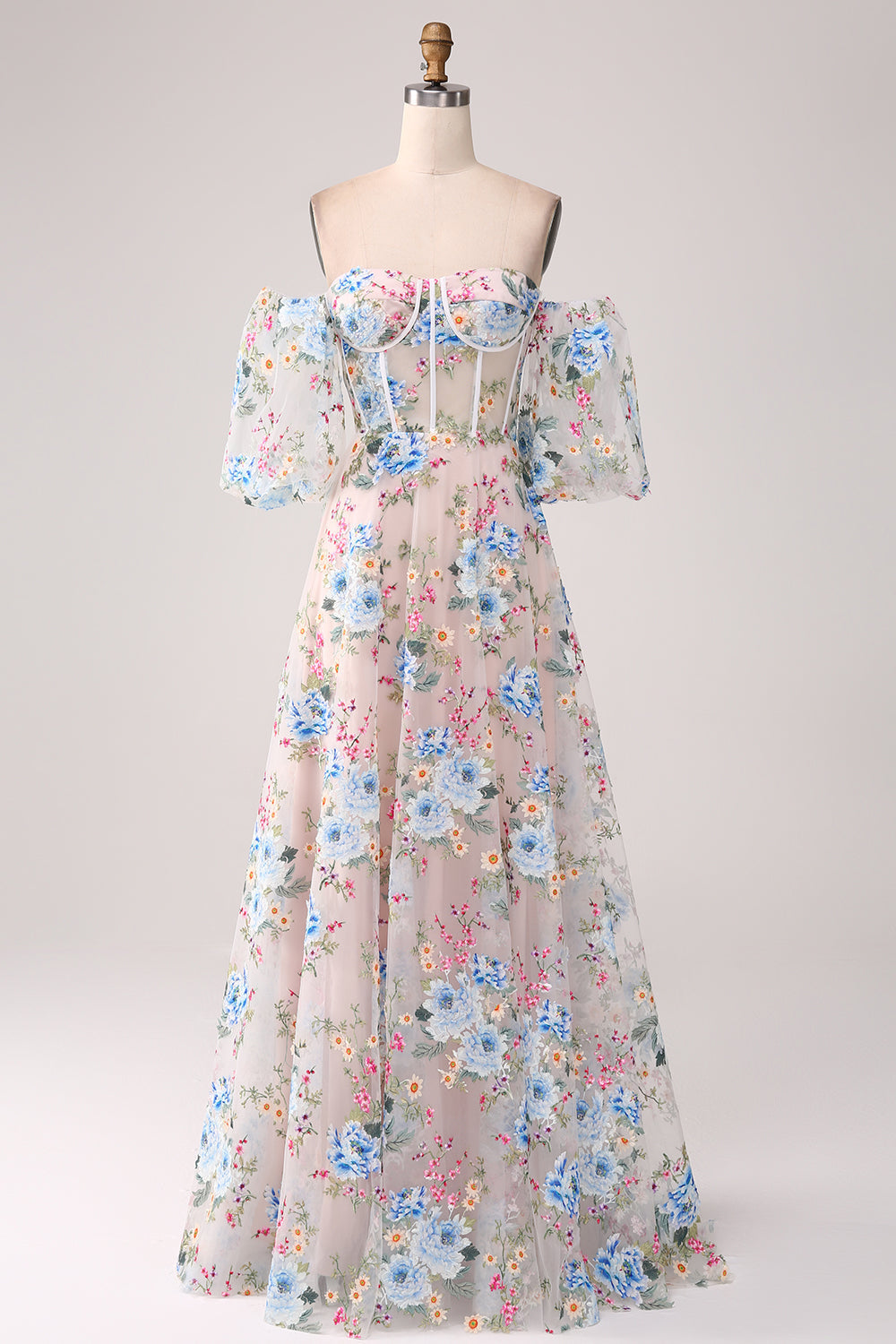A-Linie Aprikose Blume Schulterfreies langes Korsett Ballkleid