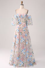 A-Linie Aprikose Blume Schulterfreies langes Korsett Ballkleid