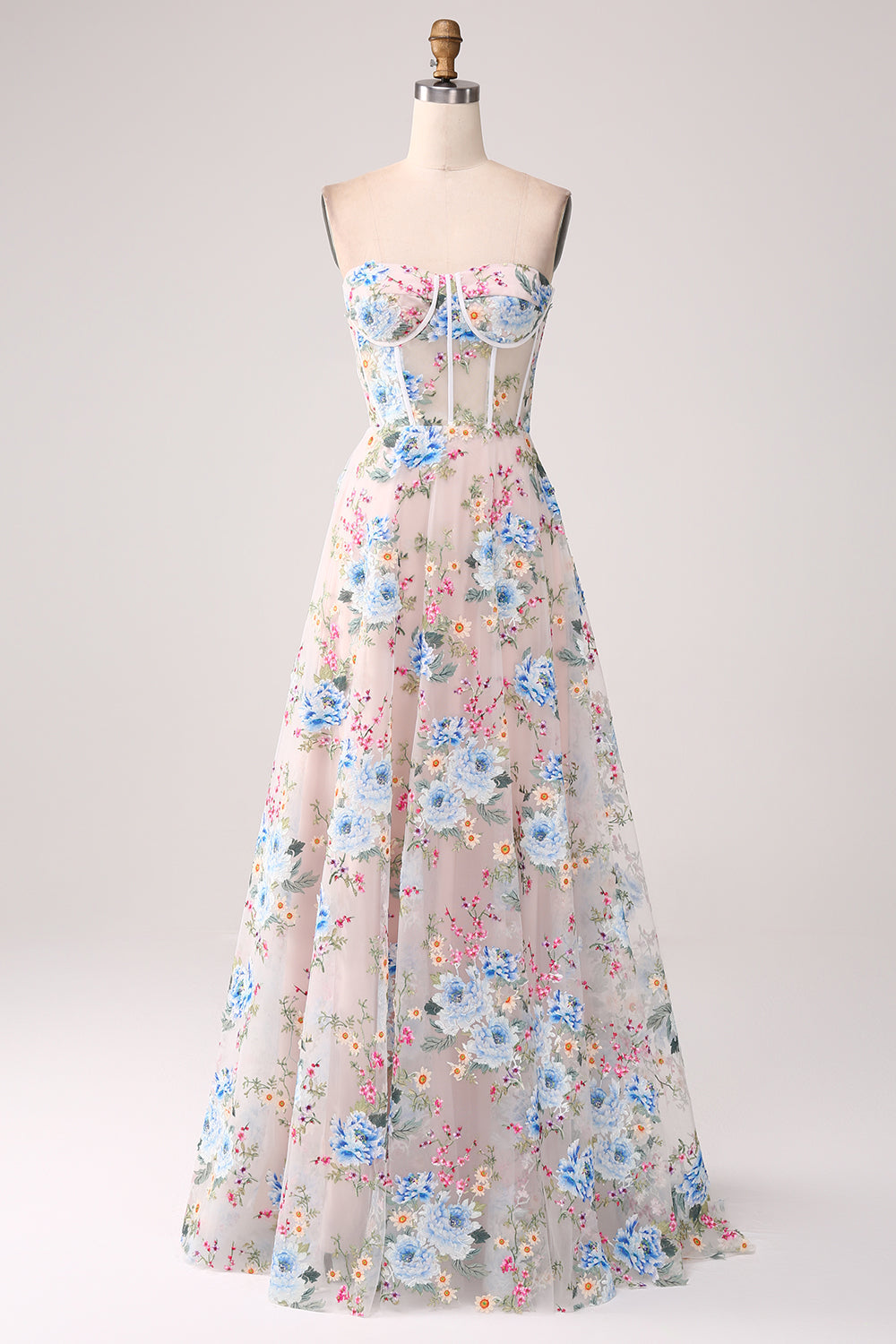 A-Linie Aprikose Blume Schulterfreies langes Korsett Ballkleid