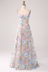 A-Linie Aprikose Blume Schulterfreies langes Korsett Ballkleid