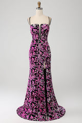 Funkelndes Mermaid Fuchsia Schwarzes Pailletten Ballkleid mit Schlitz
