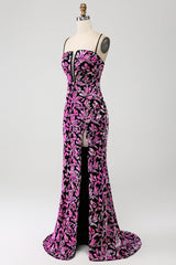 Funkelndes Mermaid Fuchsia Schwarzes Pailletten Ballkleid mit Schlitz